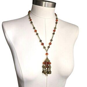 Vintage Bohemian Orange Beaded Brass Pendant Necklace 24" HS211